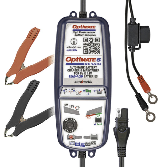 OptiMate 5 Select: SILVER series 6V 4A / 12V 3A lead-acid battery saver, charger, tester & maintainer