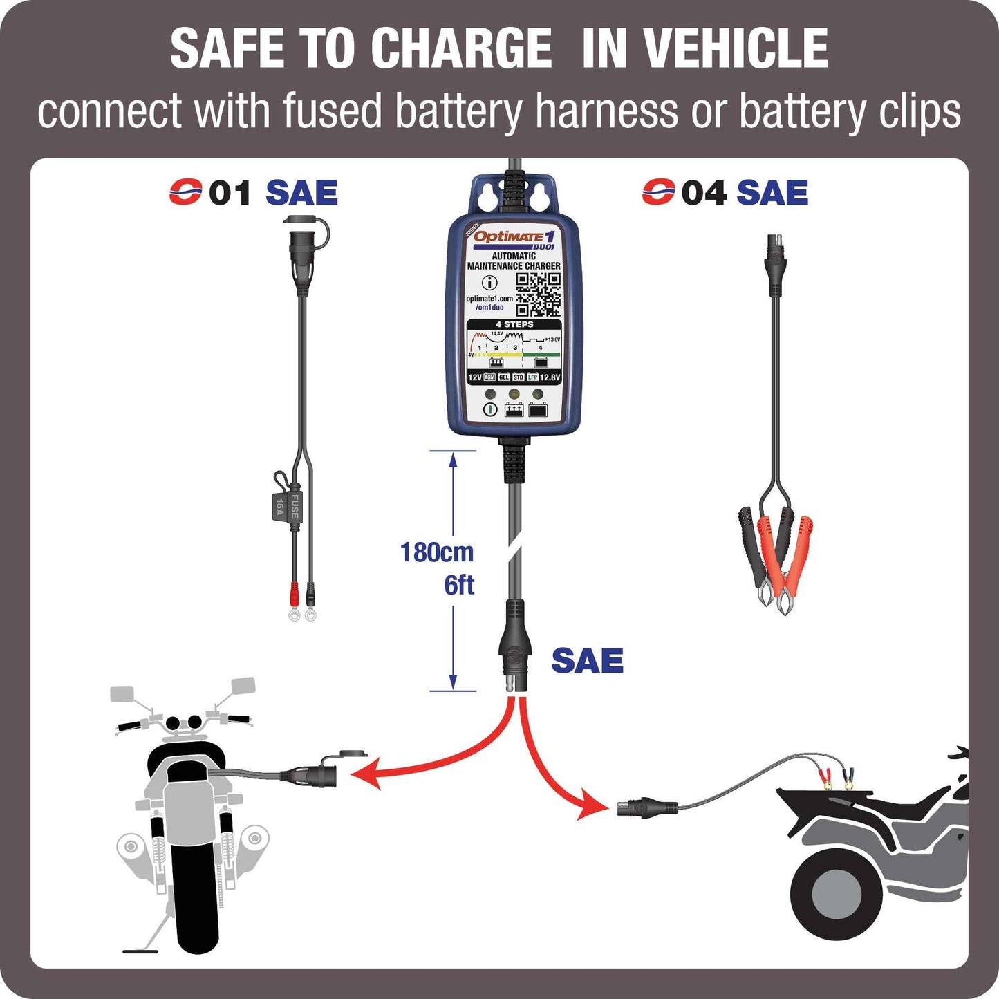 OptiMate 1 DUO : BRONZE series 12V 0.6A lead-acid & lithium motorcycle battery charger & maintainer