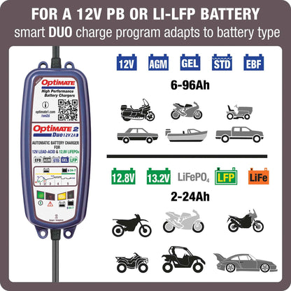 OptiMate 2 DUO : BRONZE series 12V 2A lead-acid & lithium battery charger & maintainer