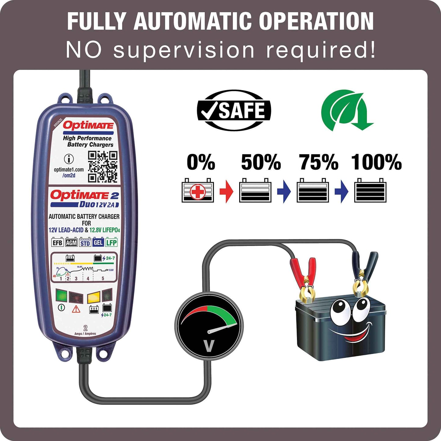 OptiMate 2 DUO : BRONZE series 12V 2A lead-acid & lithium battery charger & maintainer