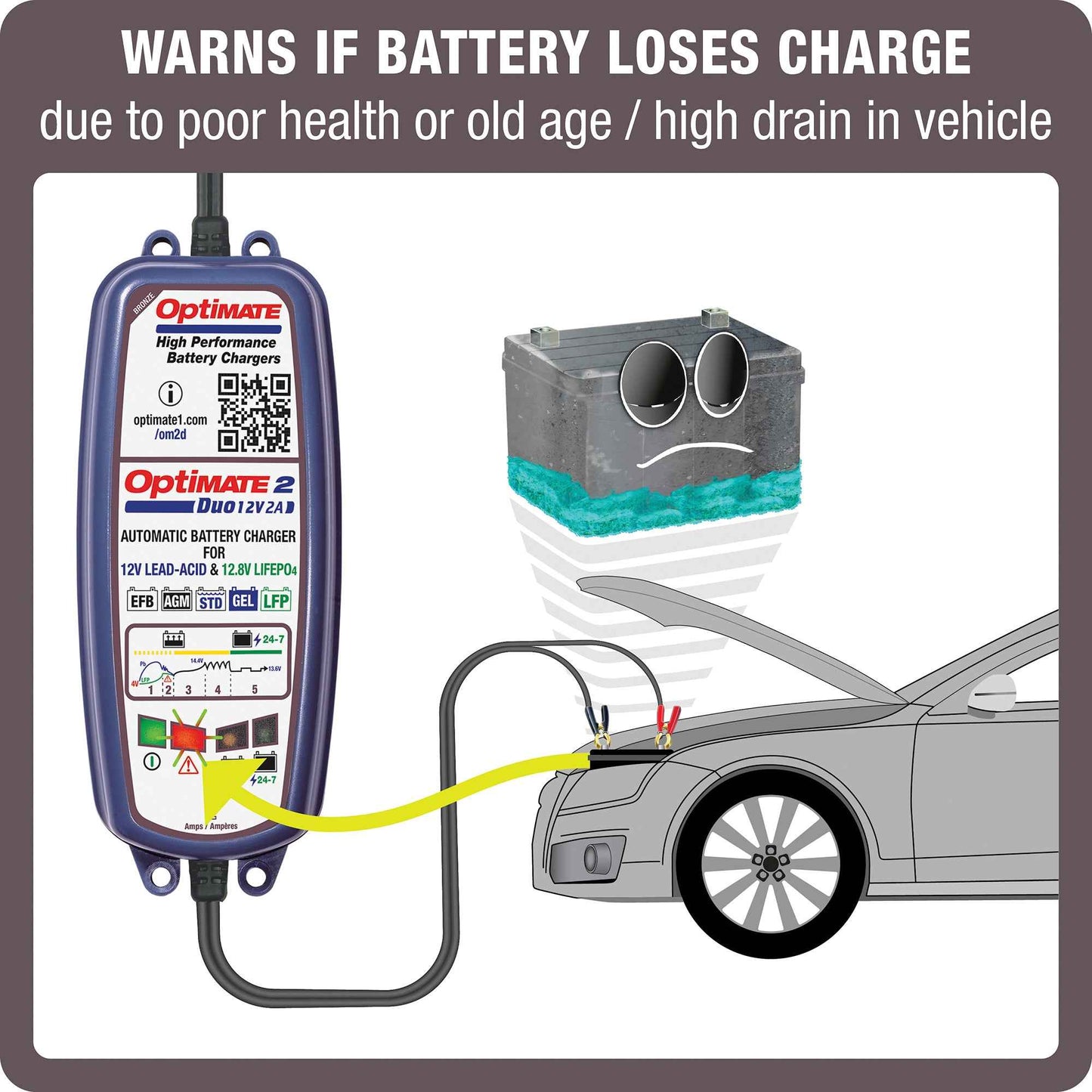 OptiMate 2 DUO : BRONZE series 12V 2A lead-acid & lithium battery charger & maintainer