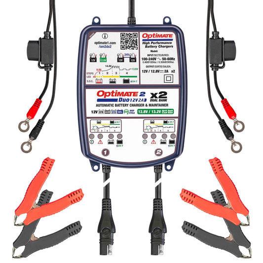 OptiMate 2 DUO x 2 BANK: BRONZE series 12V 2A lead-acid & lithium battery charger & maintainer x 2
