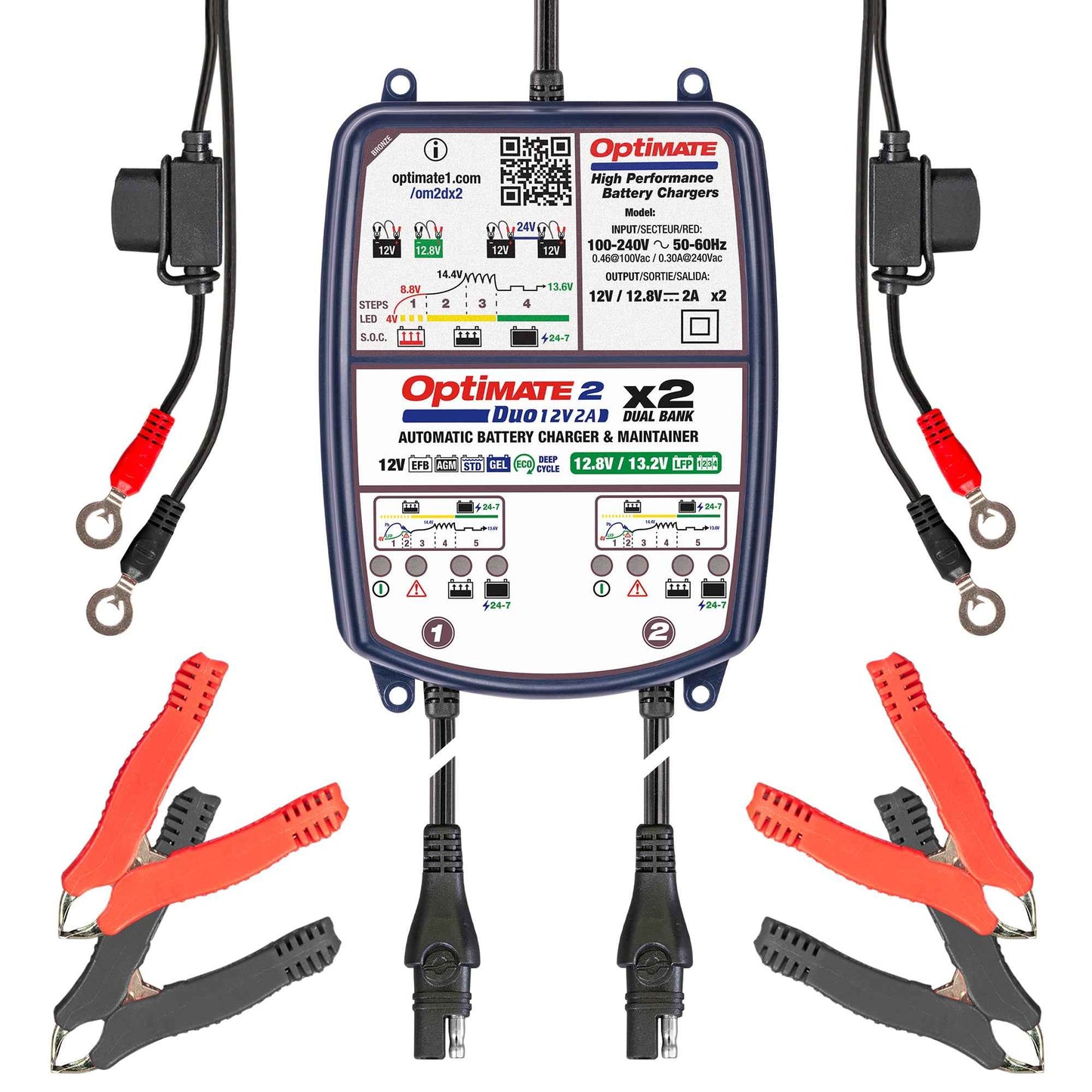 OptiMate 2 DUO x 2 BANK: BRONZE series 12V 2A lead-acid & lithium battery charger & maintainer x 2