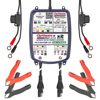 OptiMate 2 DUO x 2 BANK: BRONZE series 12V 2A lead-acid & lithium battery charger & maintainer x 2