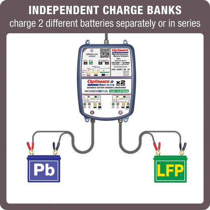 OptiMate 2 DUO x 2 BANK: BRONZE series 12V 2A lead-acid & lithium battery charger & maintainer x 2