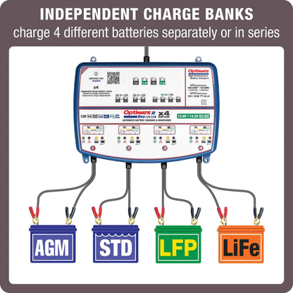 OptiMate 2 DUO x 4 BANK: BRONZE series 12V 2A lead-acid & lithium battery charger & maintainer x 4