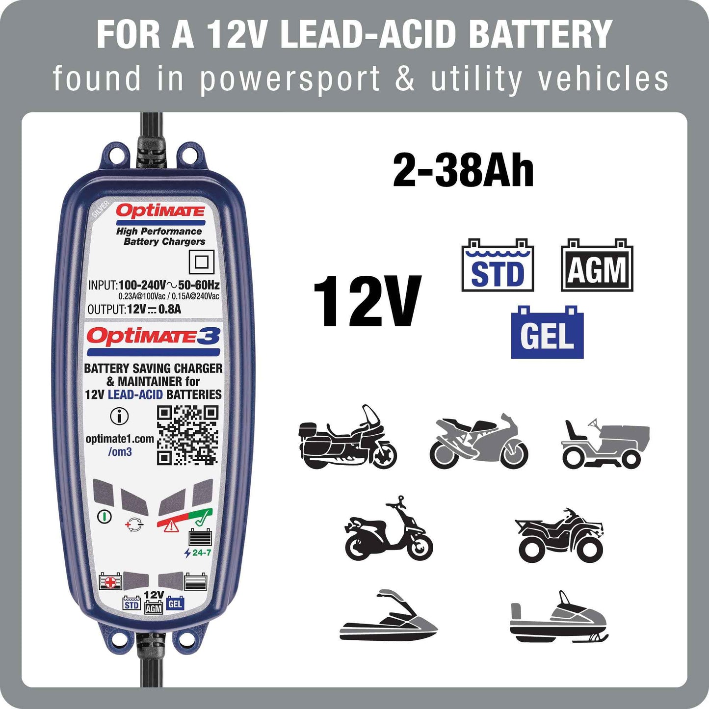 OptiMate 3 : SILVER series 12V 0.8A lead-acid motorcycle battery saver, charger, tester & maintainer