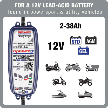 OptiMate 3 : SILVER series 12V 0.8A lead-acid motorcycle battery saver, charger, tester & maintainer