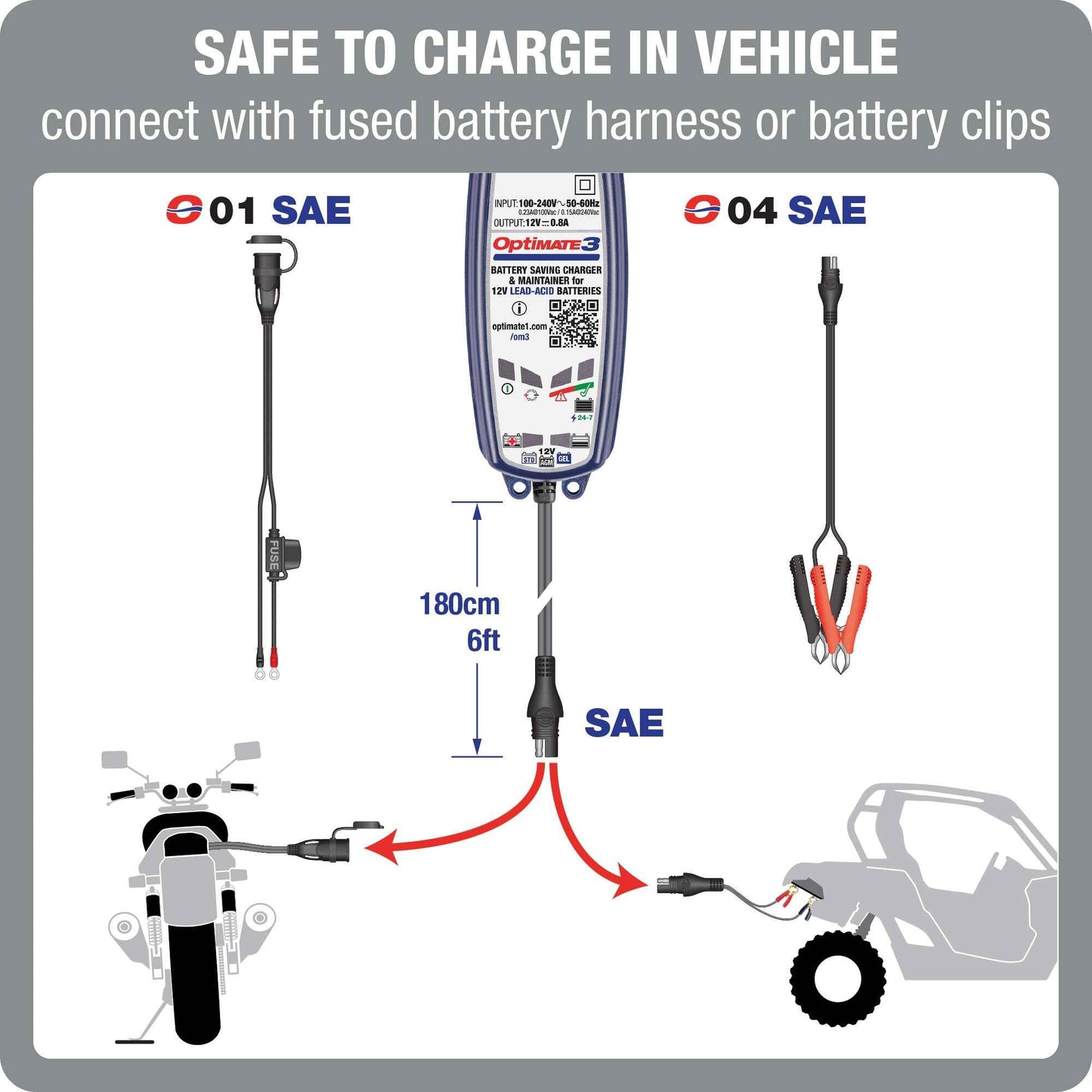 OptiMate 3 : SILVER series 12V 0.8A lead-acid motorcycle battery saver, charger, tester & maintainer