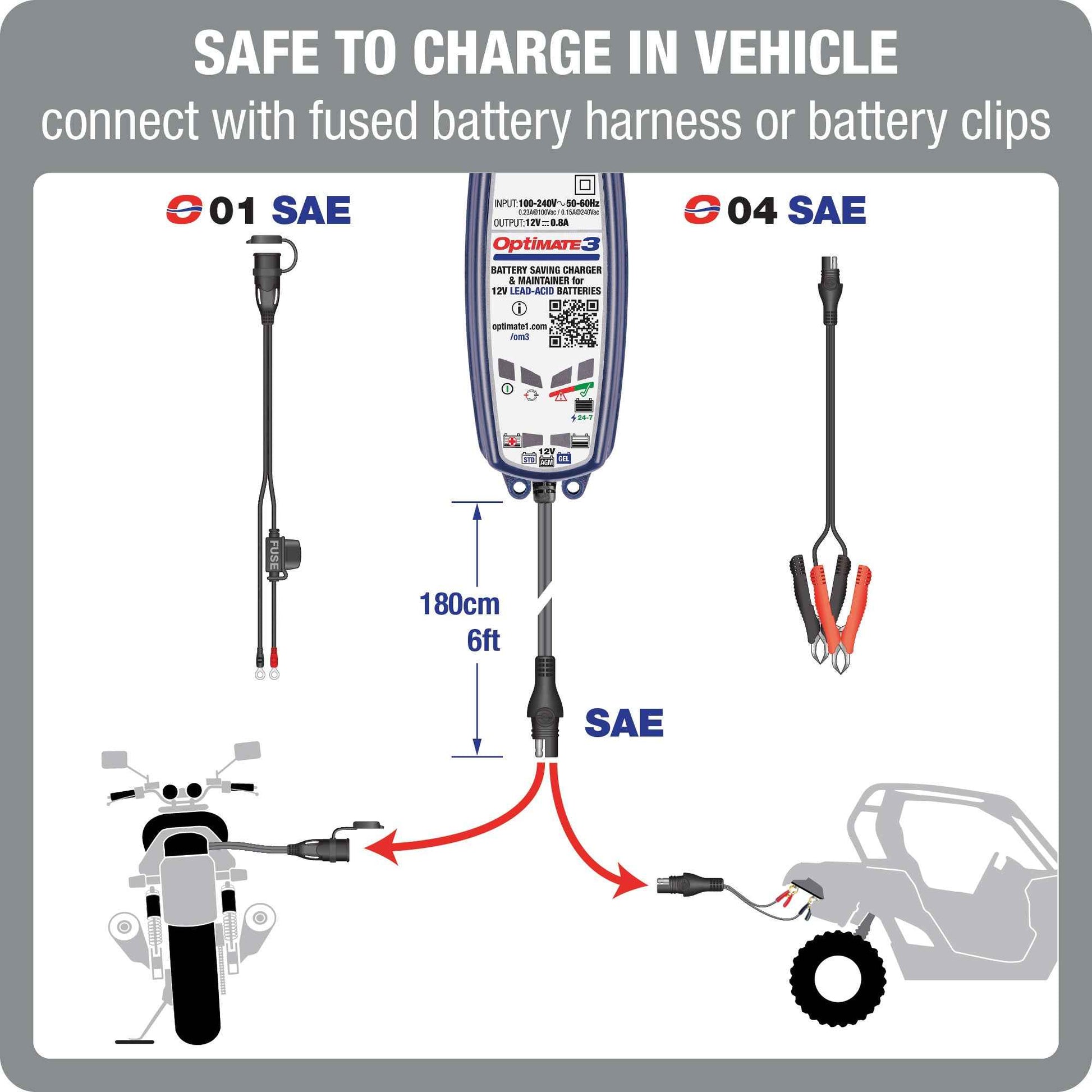 OptiMate 3 : SILVER series 12V 0.8A lead-acid motorcycle battery saver, charger, tester & maintainer