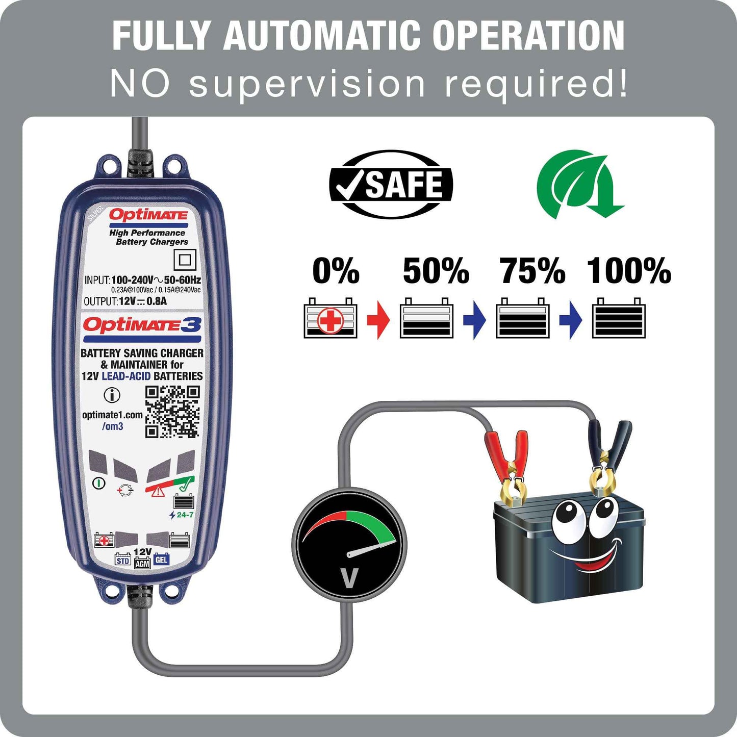 OptiMate 3 : SILVER series 12V 0.8A lead-acid motorcycle battery saver, charger, tester & maintainer