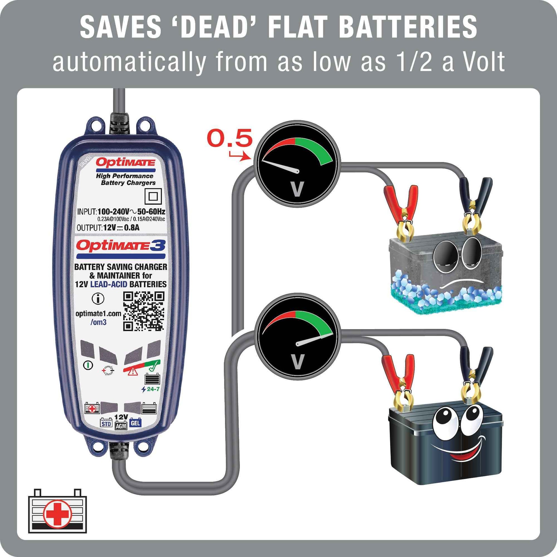 OptiMate 3 : SILVER series 12V 0.8A lead-acid motorcycle battery saver, charger, tester & maintainer