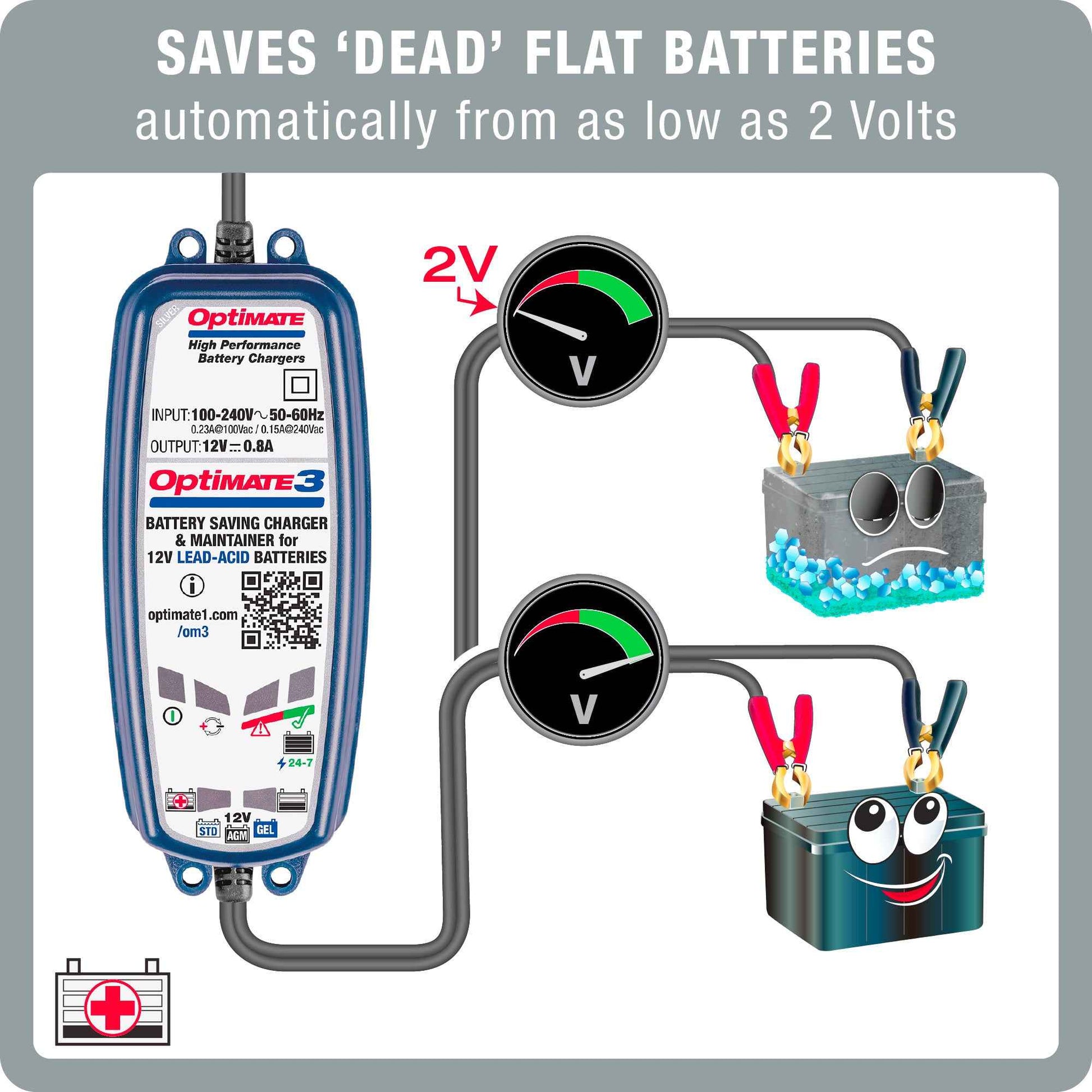OptiMate 3 : SILVER series 12V 0.8A lead-acid motorcycle battery saver, charger, tester & maintainer
