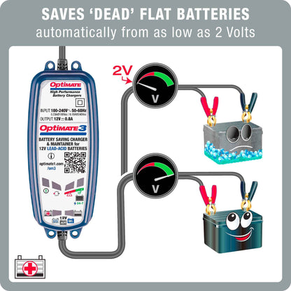 OptiMate 3 : SILVER series 12V 0.8A lead-acid motorcycle battery saver, charger, tester & maintainer