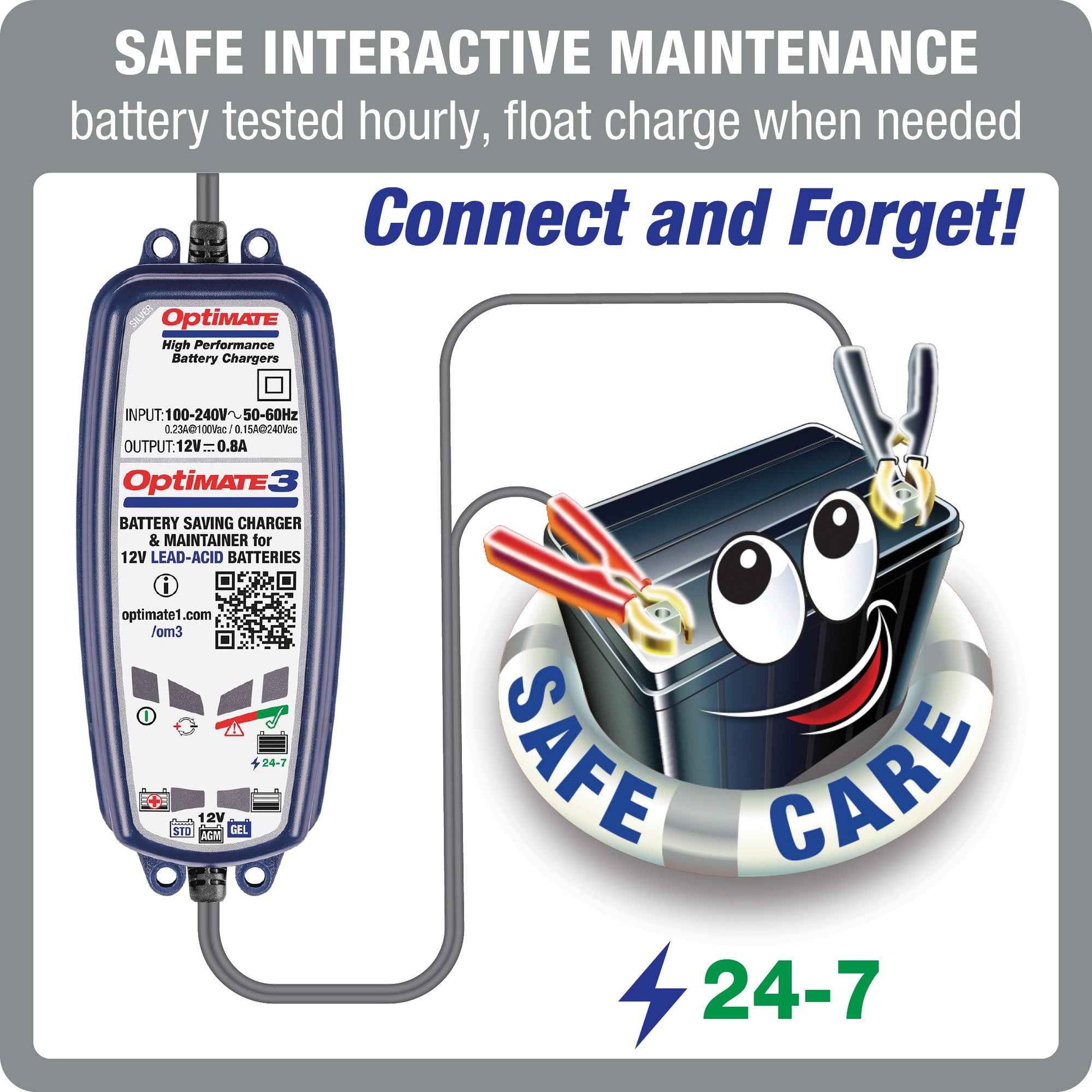 OptiMate 3 : SILVER series 12V 0.8A lead-acid motorcycle battery saver, charger, tester & maintainer