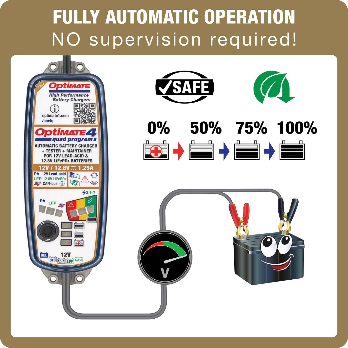 OptiMate 4 Quad Program PR : GOLD series Premium 12V 1.25A lead-acid & lithium motorcycle battery saving charger, tester & maintainer