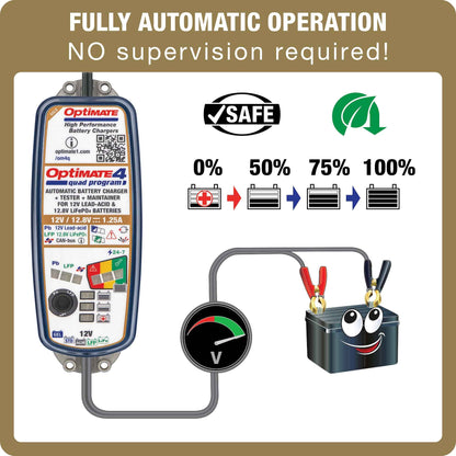 OptiMate 4 Quad Program PR : GOLD series Premium 12V 1.25A lead-acid & lithium motorcycle battery saving charger, tester & maintainer