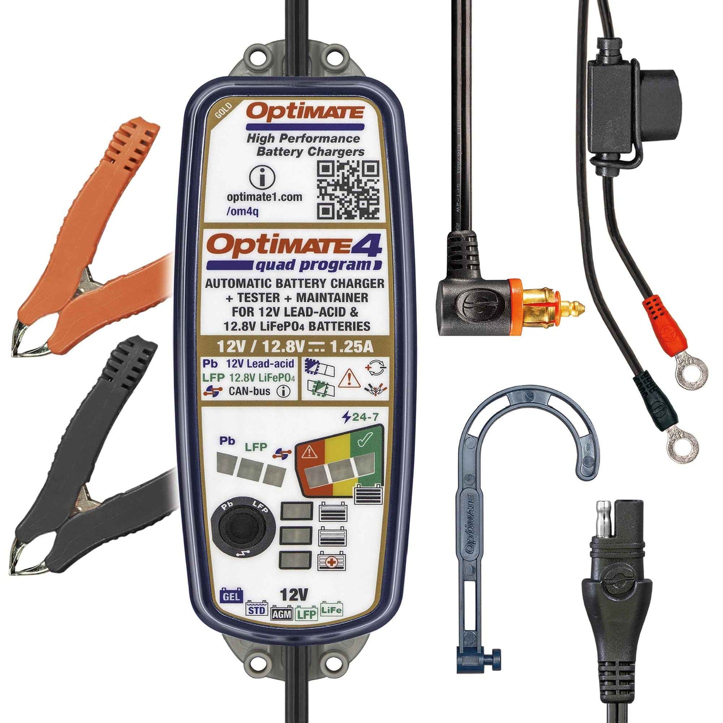 OptiMate 4 Quad Program PR : GOLD series Premium 12V 1.25A lead-acid & lithium motorcycle battery saving charger, tester & maintainer