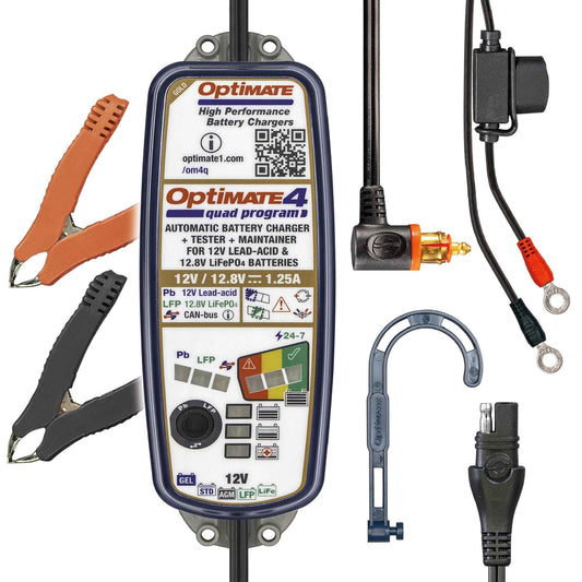 OptiMate 4 Quad Program PR : GOLD series Premium 12V 1.25A lead-acid & lithium motorcycle battery saving charger, tester & maintainer