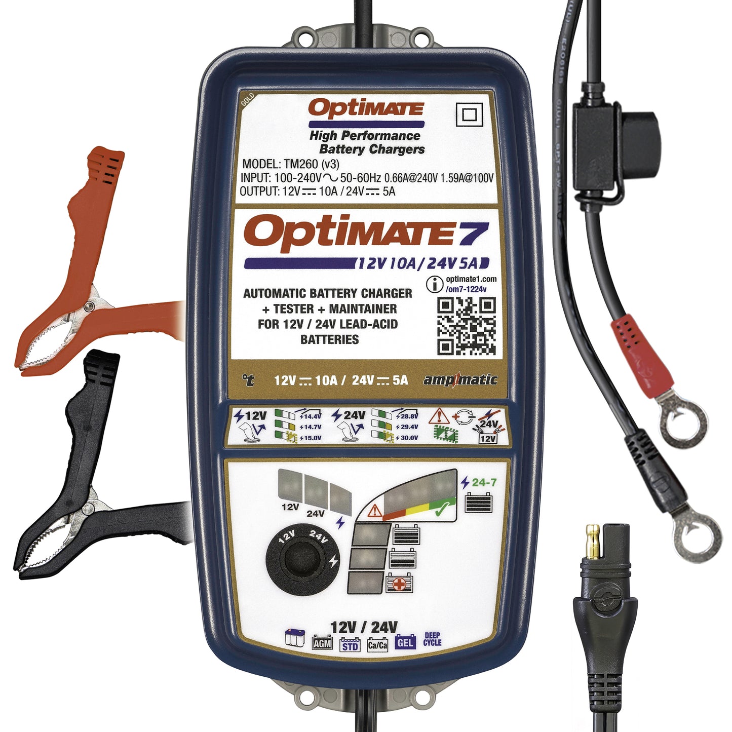 OptiMate 7 12-24V : GOLD series 12V 10A / 24V 5A lead-acid battery saver, charger, tester & maintainer