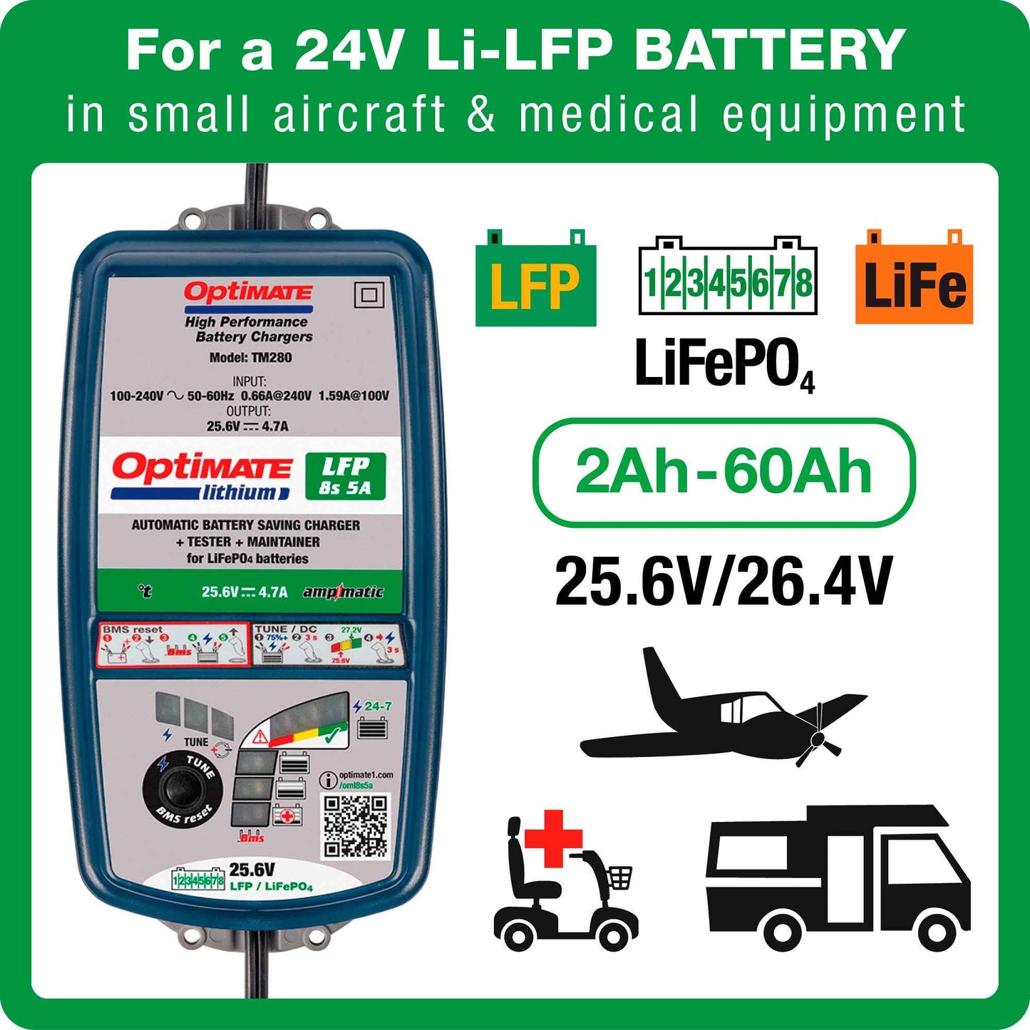 OptiMate Lithium LFP 8s5A : LITHIUM series 25.6 V 5A LiFePO₄ Lithium Battery Saver, Charger, Tester & Maintainer