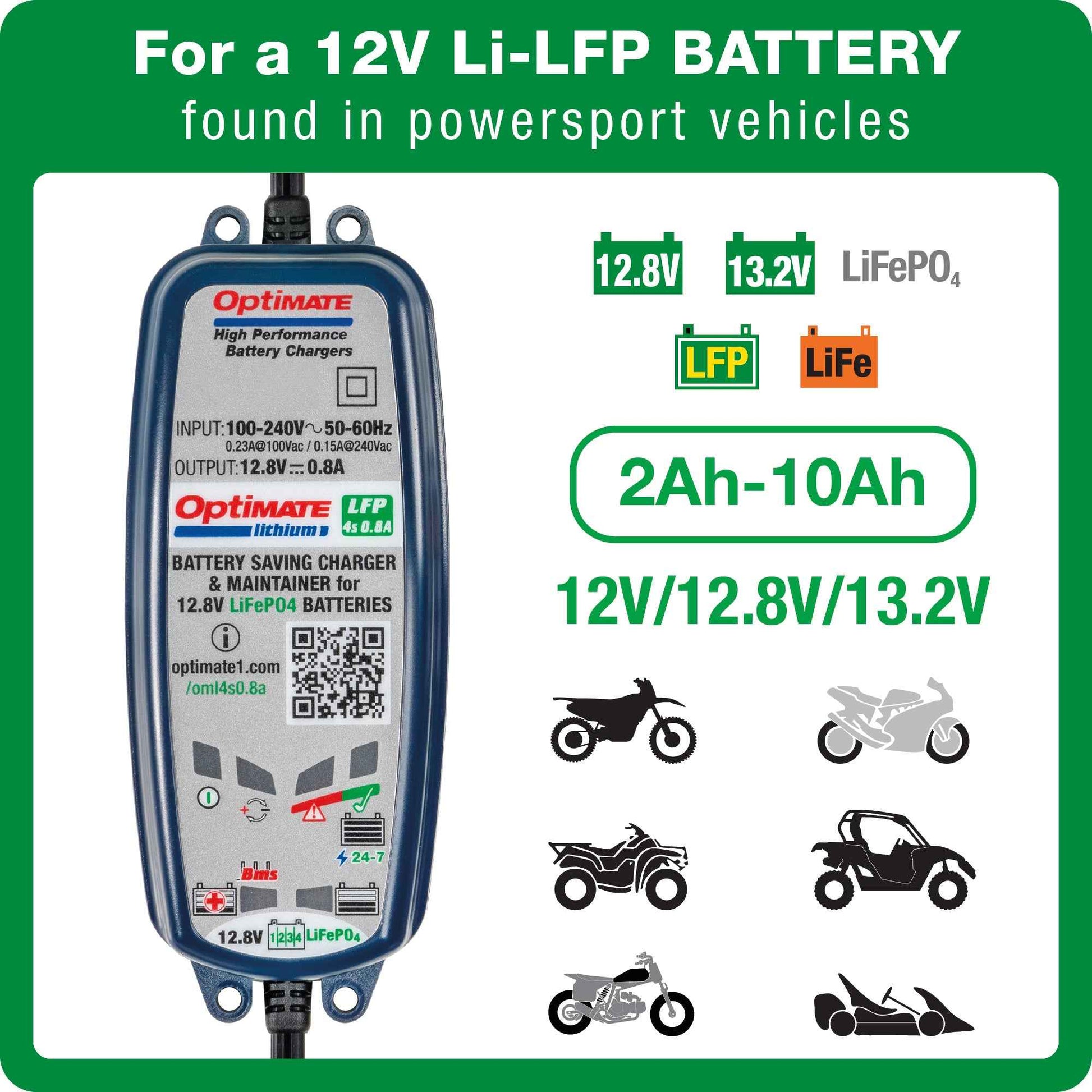 OptiMate Lithium LFP 4s1A: LITHIUM series 12.8 V 0.8A LiFePO₄ Lithium Battery Saver, Charger, Tester & Maintainer