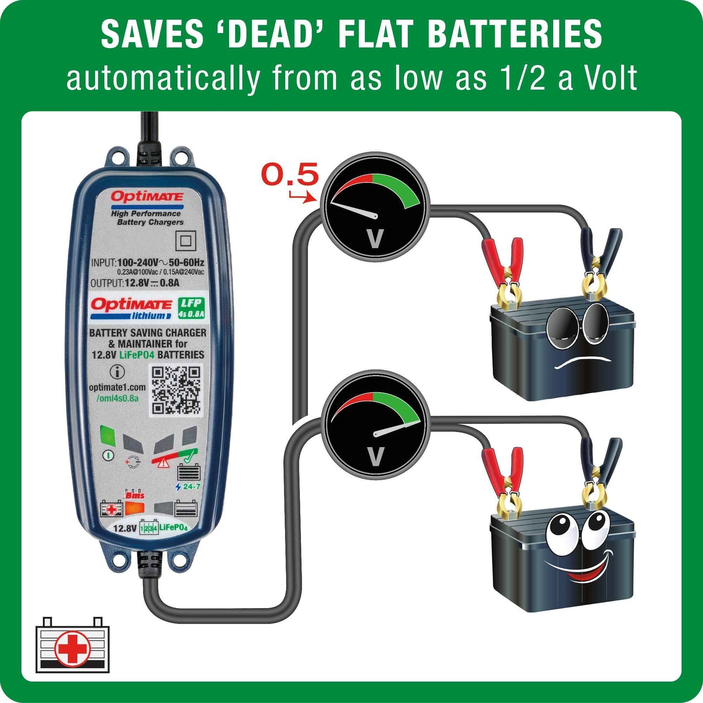 OptiMate Lithium LFP 4s1A: LITHIUM series 12.8 V 0.8A LiFePO₄ Lithium Battery Saver, Charger, Tester & Maintainer