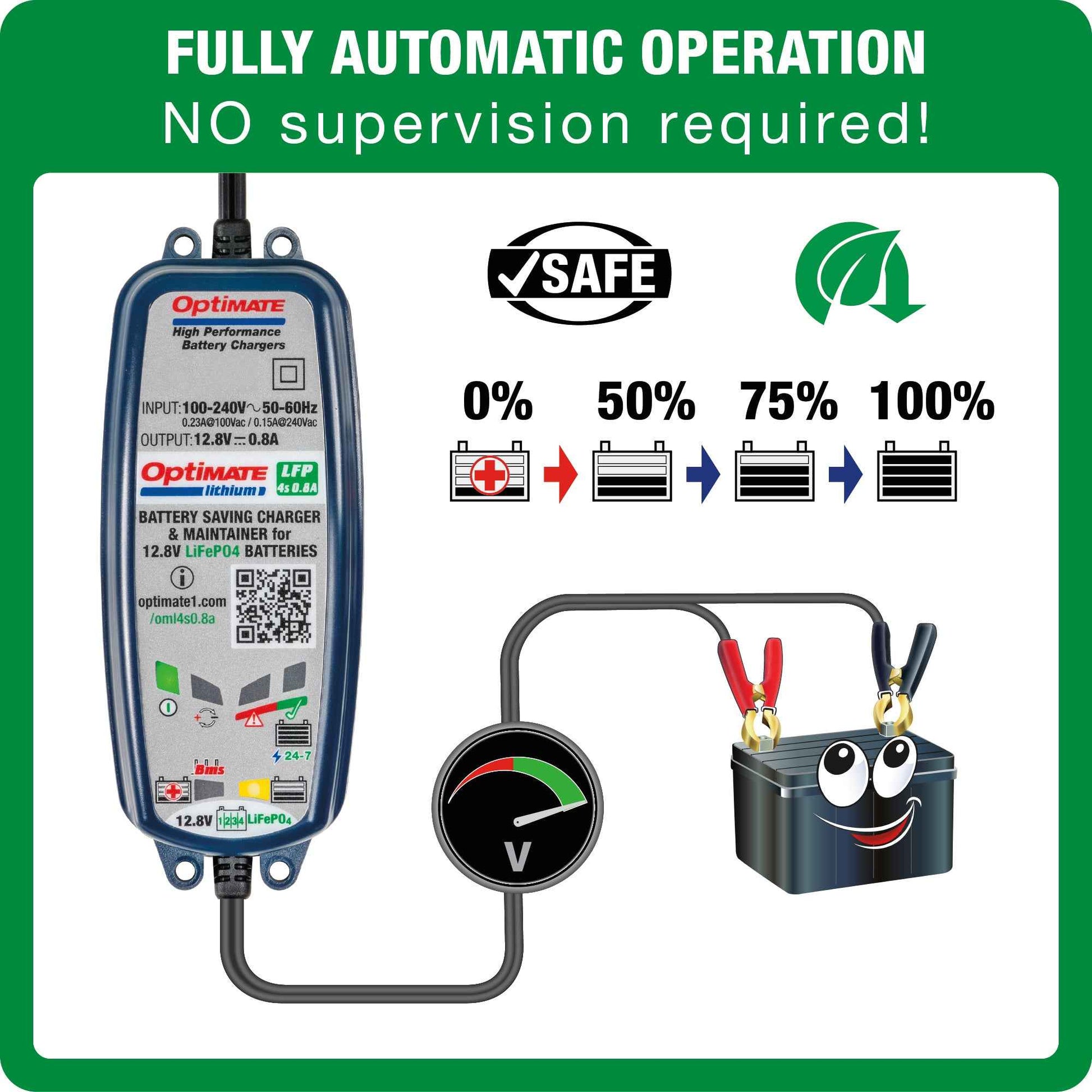 OptiMate Lithium LFP 4s1A: LITHIUM series 12.8 V 0.8A LiFePO₄ Lithium Battery Saver, Charger, Tester & Maintainer