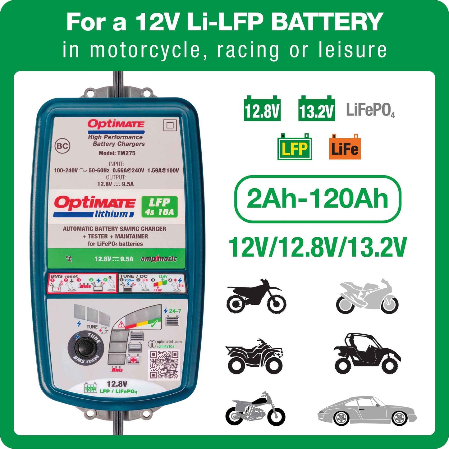 OptiMate Lithium LFP 4s10A: LITHIUM series 12.8 V 10A LiFePO₄ Lithium Battery Saver, Charger, Tester & Maintainer