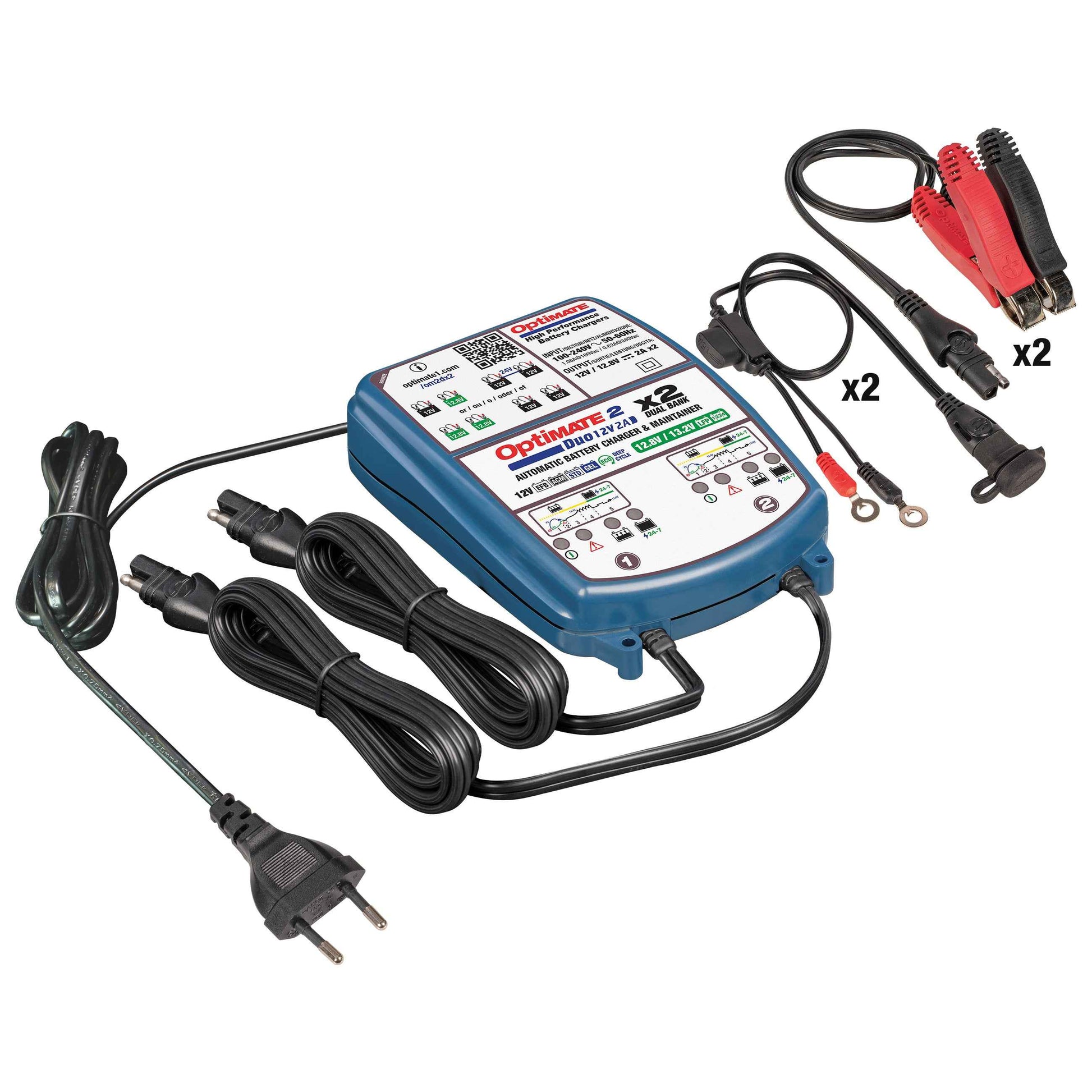 OptiMate 2 DUO x 2 BANK: BRONZE series 12V 2A lead-acid & lithium battery charger & maintainer x 2