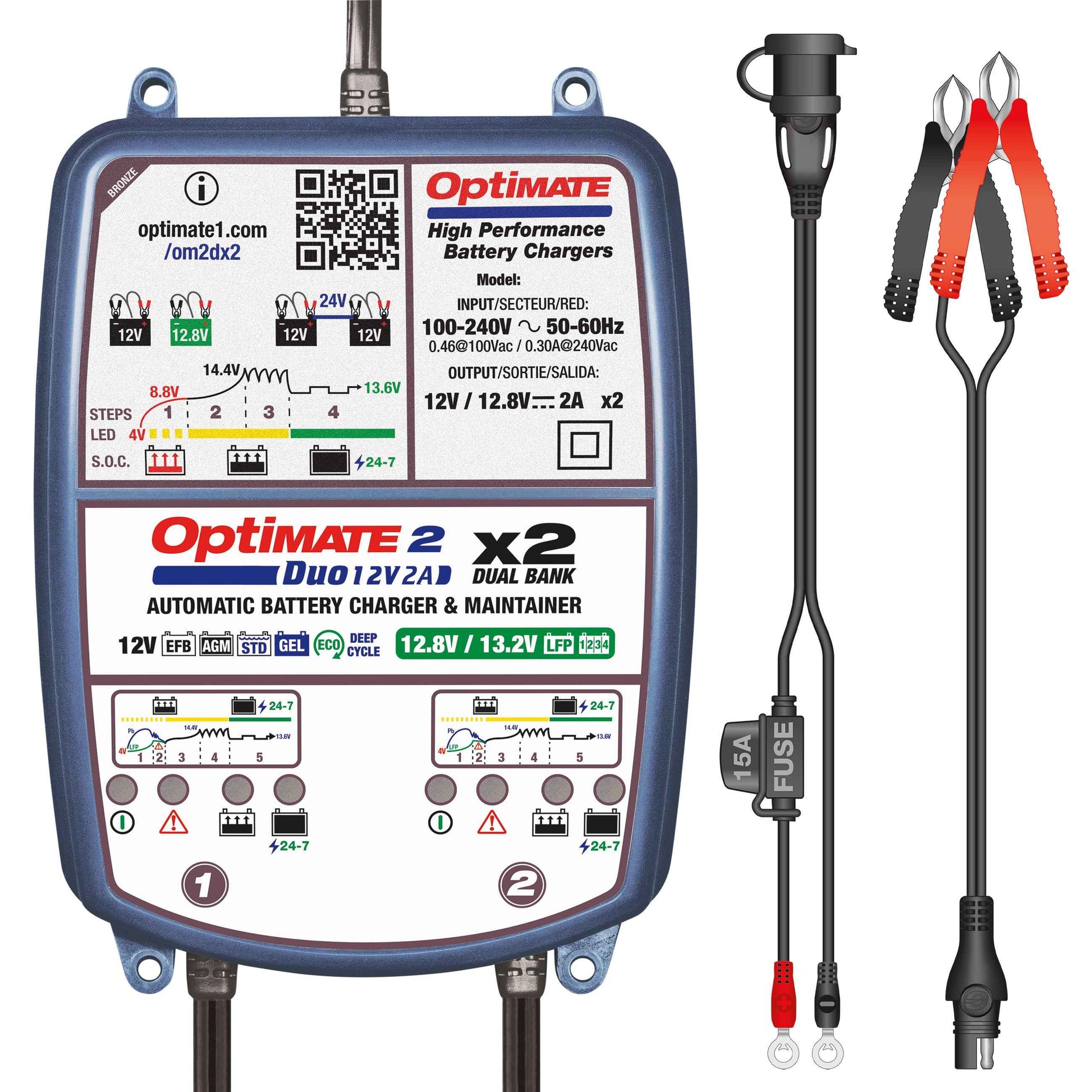 OptiMate 2 DUO x 2 BANK: BRONZE series 12V 2A lead-acid & lithium battery charger & maintainer x 2