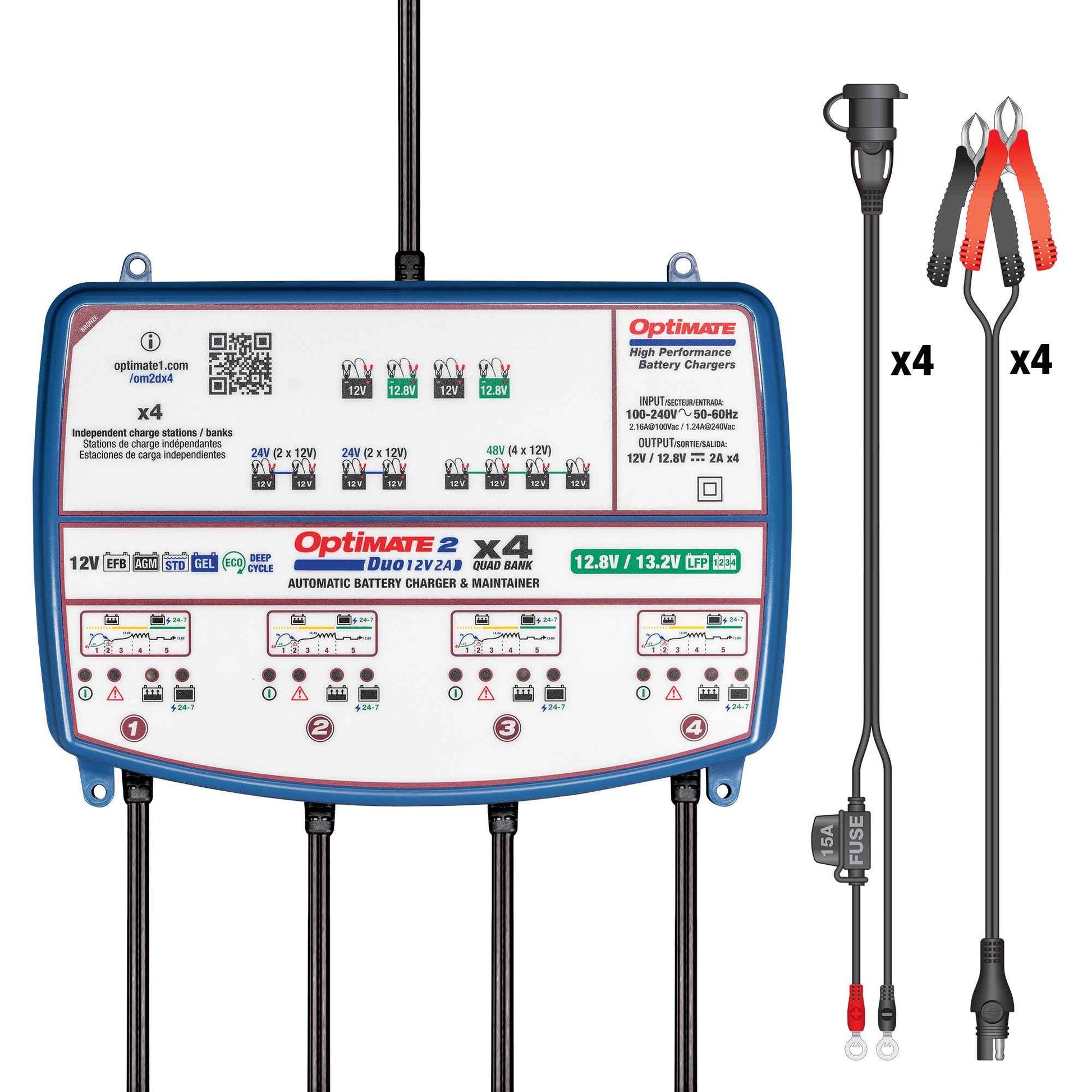 OptiMate 2 DUO x 4 BANK: BRONZE series 12V 2A lead-acid & lithium battery charger & maintainer x 4