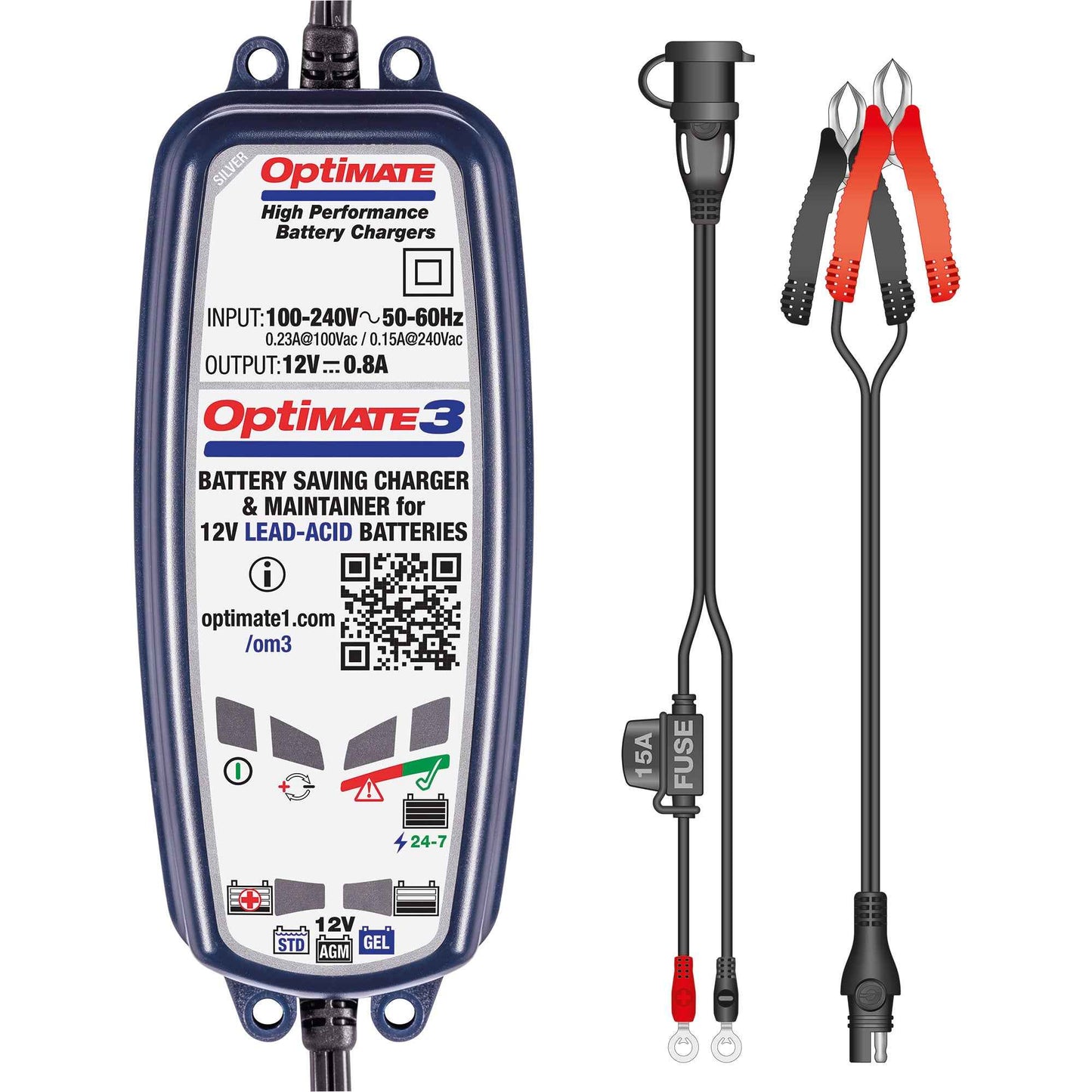 OptiMate 3 : SILVER series 12V 0.8A lead-acid motorcycle battery saver, charger, tester & maintainer