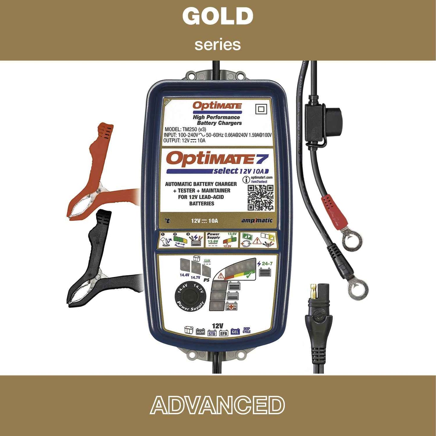 OptiMate 7 Select: GOLD series 12V 10A battery saver, charger, tester & maintainer