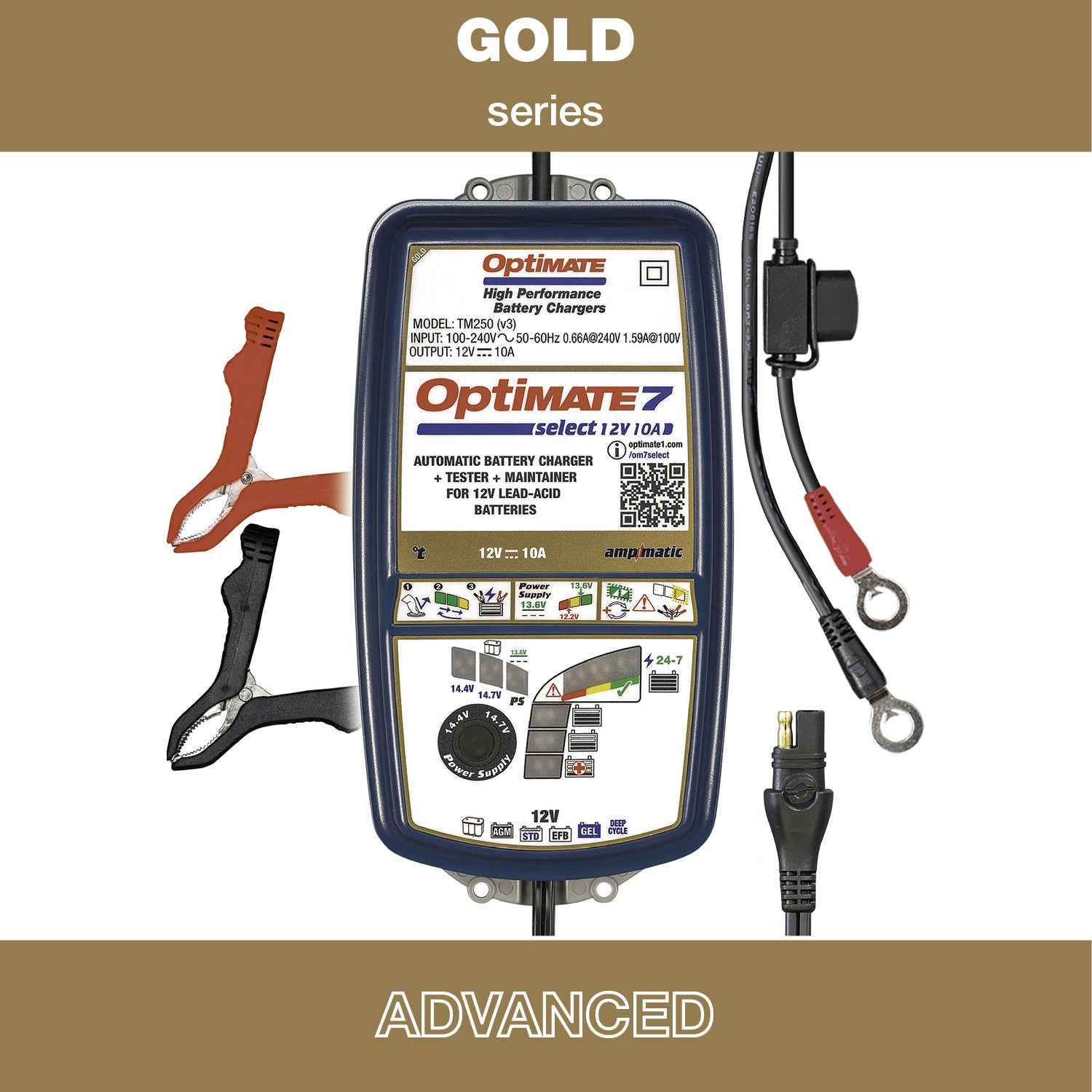 OptiMate 7 Select: GOLD series 12V 10A battery saver, charger, tester & maintainer