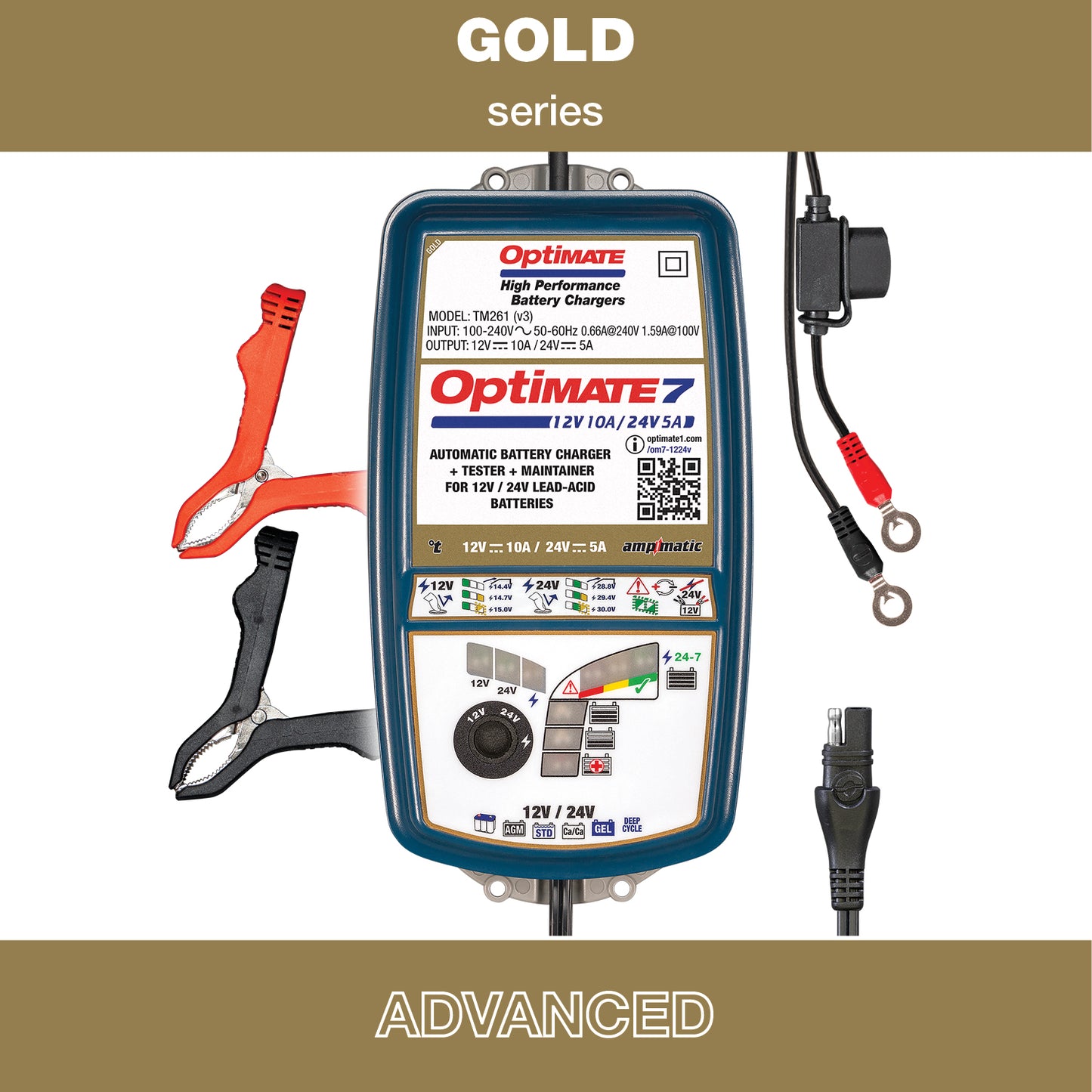 OptiMate 7 12-24V : GOLD series 12V 10A / 24V 5A lead-acid battery saver, charger, tester & maintainer