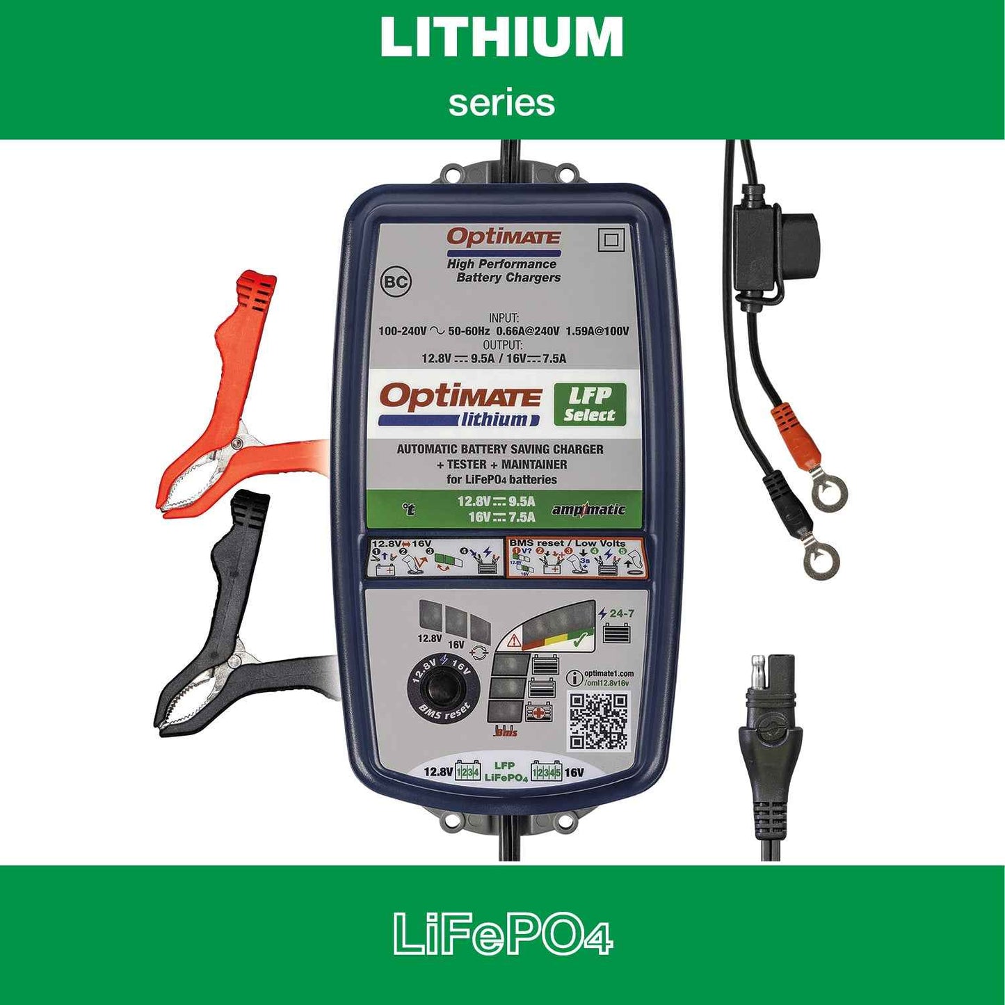 OptiMate Lithium LFP SELECT : LITHIUM series 12.8 V 10A / 16V 7.5A LiFePO₄ Lithium Battery Saver, Charger, Tester & Maintainer