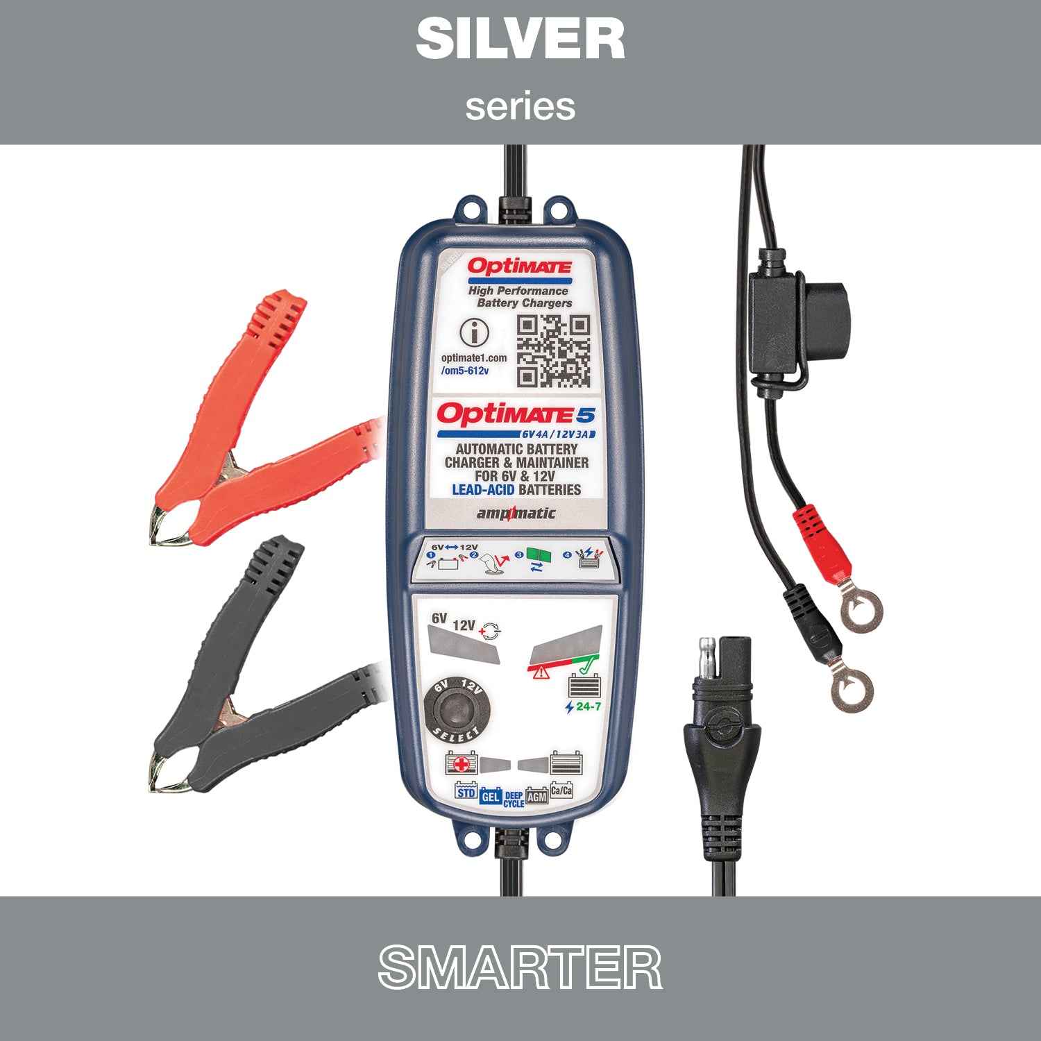 OptiMate 5 Select: SILVER series 6V 4A / 12V 3A lead-acid battery saver, charger, tester & maintainer