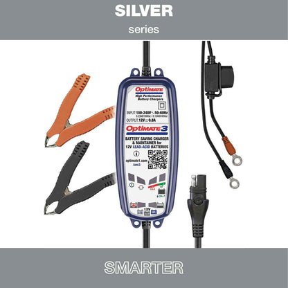 OptiMate 3 : SILVER series 12V 0.8A lead-acid motorcycle battery saver, charger, tester & maintainer
