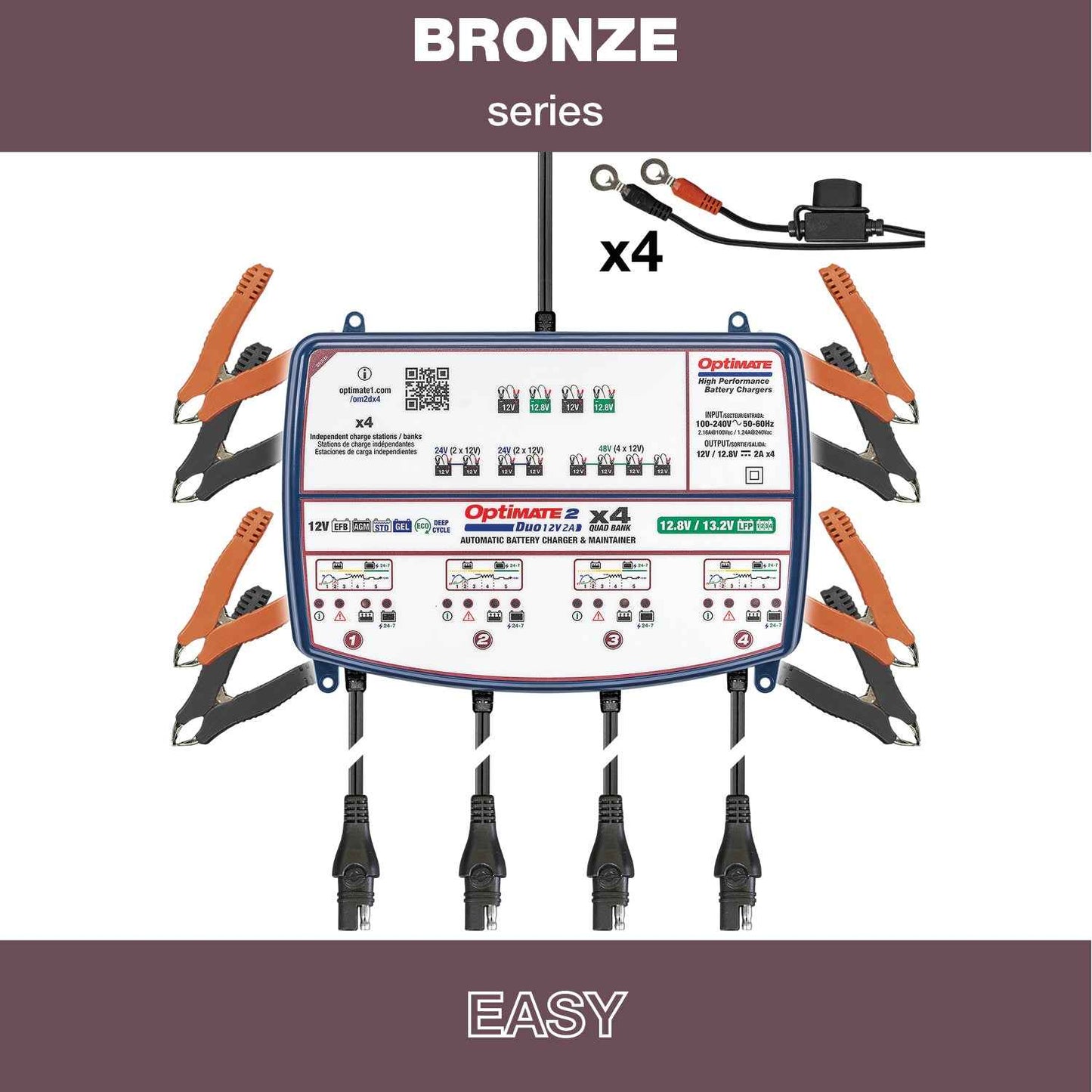 OptiMate 2 DUO x 4 BANK: BRONZE series 12V 2A lead-acid & lithium battery charger & maintainer x 4