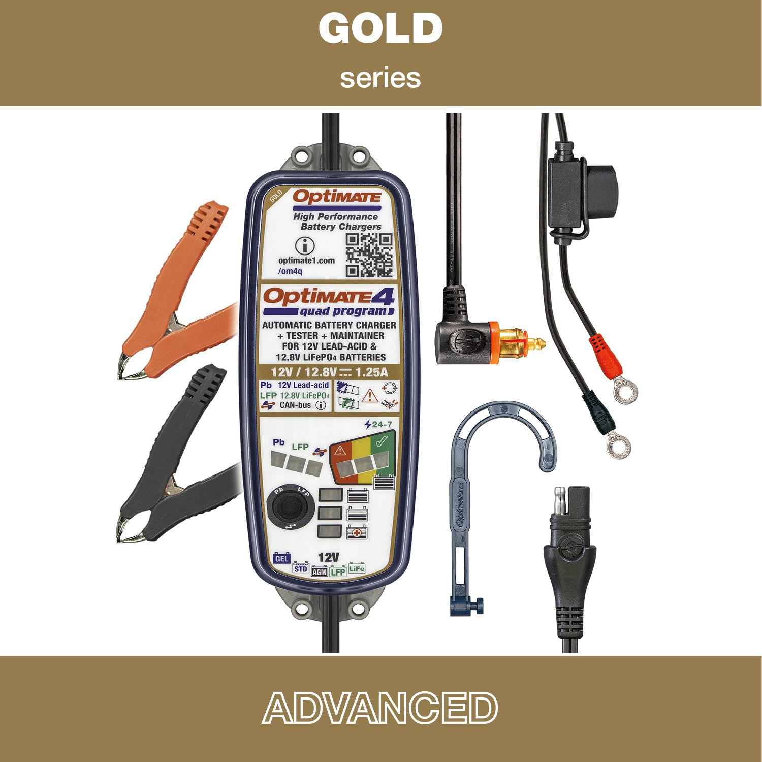 OptiMate 4 Quad Program PR : GOLD series Premium 12V 1.25A lead-acid & lithium motorcycle battery saving charger, tester & maintainer