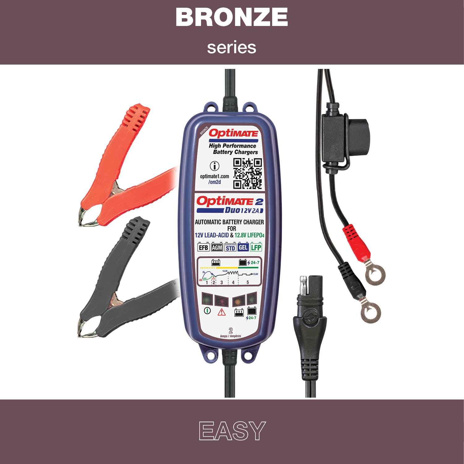 OptiMate 2 DUO : BRONZE series 12V 2A lead-acid & lithium battery charger & maintainer