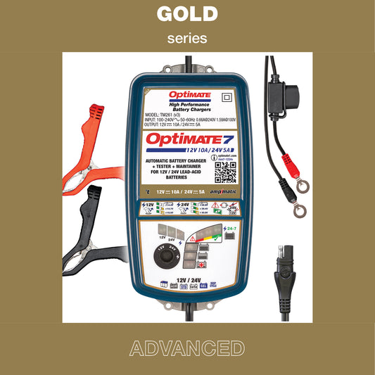 OptiMate 7 – Dual-Voltage Smart Charger & Maintainer (12 V/24 V, 10 A/5 A) - TM260 V3